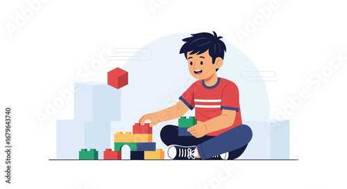 Joyful Child Engaged In Building With Blocks, Creative Play, Educationally Focused