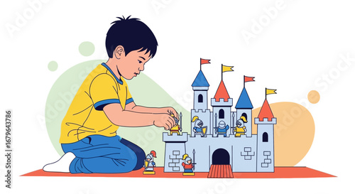 Joyful Child Engaged in Creative Play Building a Miniature Fantastical Castle