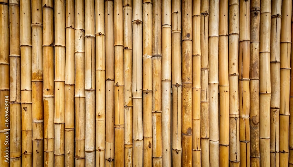 Naklejka premium A close-up view of a natural bamboo wall, showcasing the rich warm tones and textured surfaces of the vertical stalks.