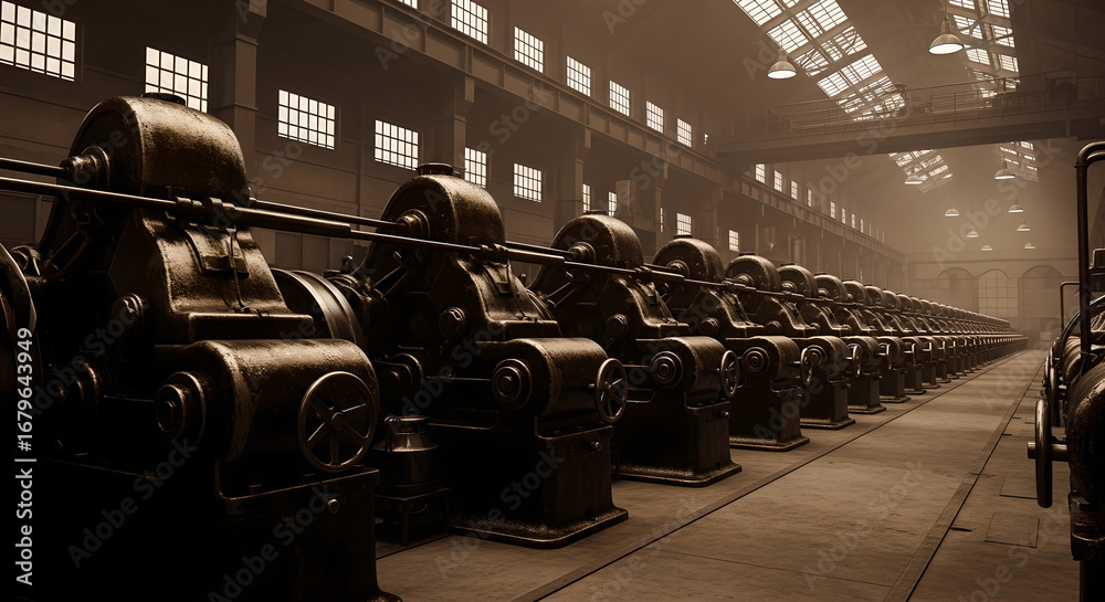 Obraz premium Vintage Industrial Factory Machines Production Line Sepia Tone