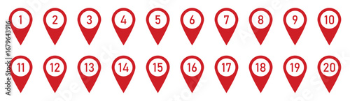 Vector illustration of 20 red location pin icons with numbers from 1 to 20. Numbered location pin icon set. Map marker symbol set with 1 to 20 numbers. Flat style.