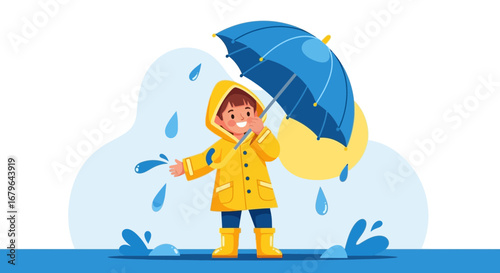 Joyful Child Enjoying the Rain and Playfully Splashing in Puddles of Water Outdoors