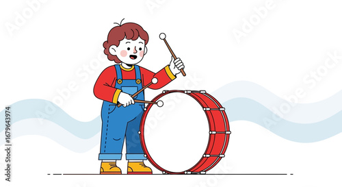 Joyful Child Enthusiastically Playing a Large Red Drum with Drumsticks Inside