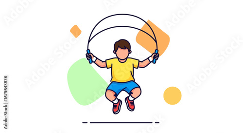 Joyful Child Exercising With Jump Rope In Colorful Vector Style For Healthy Lifestyle