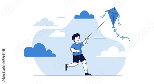 Joyful Child Flying Kite In Blue Sky, Enjoying Playtime Outdoors On A Sunny Day