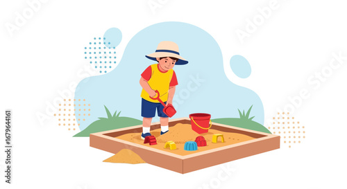 Joyful Kid Playing In A Sandbox, Summer Recreation and Childhood Fun Illustration