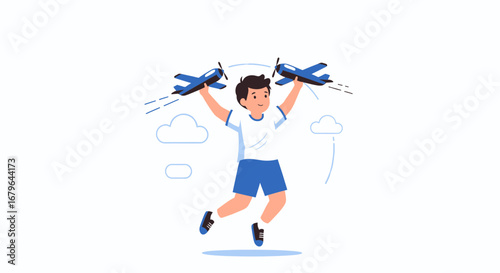 Joyful Child Holding Airplane Toys with Cloud Graphics in a Lighthearted Scene