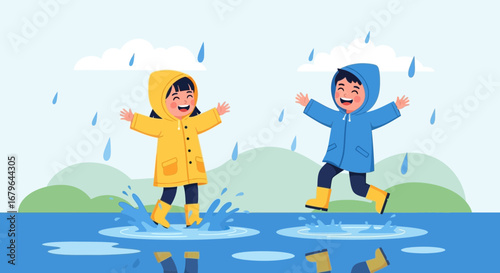 Joyful kids playing in the rain, having fun splashing, wearing raincoats and boots happily