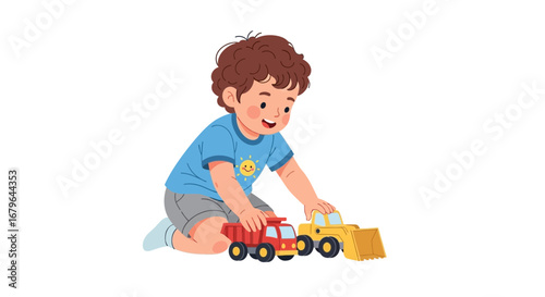 Joyful Child Interacting With Toy Construction Vehicles Enjoying Their Imaginative Playtime