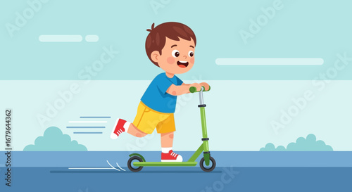 Joyful Little Boy Rides A Scooter On Pavement, Happy Child Outdoors During Daylight Hours