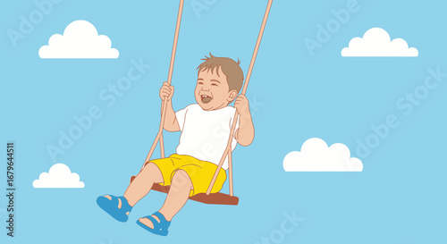 Joyful Child on a Swing Illustration Against a Blue Sky and Fluffy Clouds