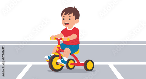Joyful Child Pedaling Tricycle on a Paved Surface, Energetic Ride and Happy Faces Captured Perfectly