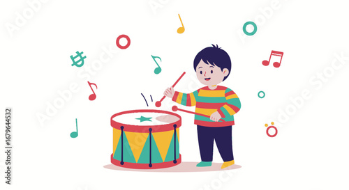 Joyful Child Performs With Musical Drum and Colorful Notes, Celebrating Creativity