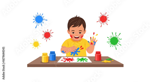 Joyful Child Painting with Colorful Splatters Creative Expression and Artistic Exploration