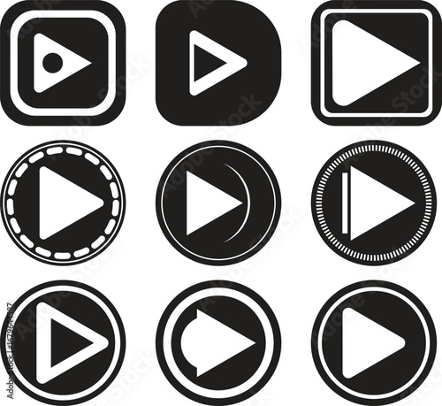 Collection of diverse play button icons in black and white