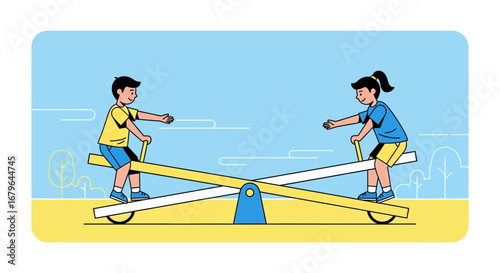 Joyful Child Playing On a Seesaw, Enjoying Sunny Day at the Playground Illustration