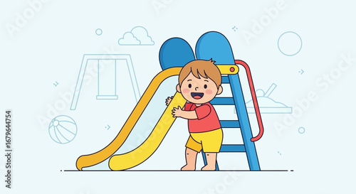 Joyful Child Playing On Playground Slide, A Bright and Cheerful Day