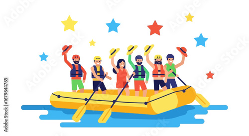 Joyful Rafting Adventure of Cheerful People Exploring Water, Raising Hats, Celebrating