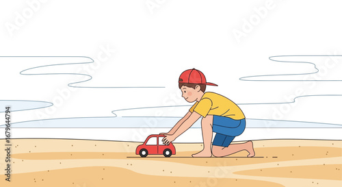 Joyful Child Playing With a Toy Car on Beachy Shoreline, Summer Dreams and Adventures Unfold