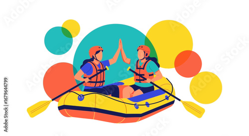 Joyful Rafting Duo Celebrating Success in Vibrant Illustration with Colorful Accents