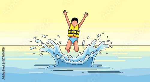 Joyful Silhouette Of A Child Jumping Into The Water Creating A Splash Of Splendor