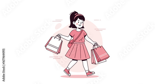 Joyful Shopper Carrying Shopping Bags with a Cheerful and Contented Expression