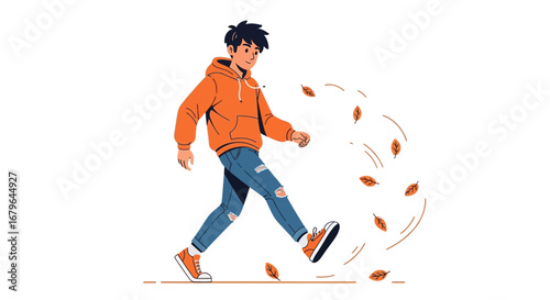 Joyful Stroll Through Autumn, A Young Man Kicking Up Fallen Leaves and Showing Exuberance