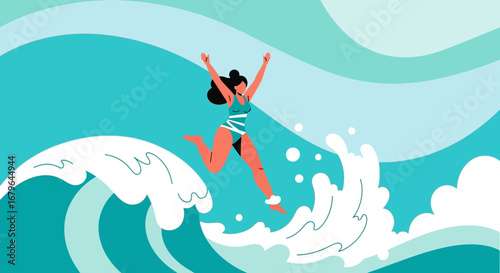 Joyful Summer Adventure: A Woman Jumps into the Waves with Pure Happiness