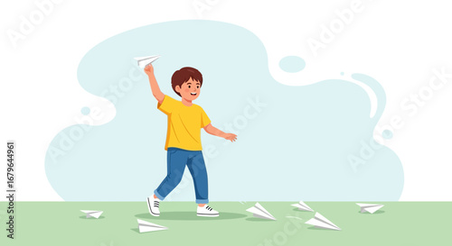 Joyful Child Playing With Paper Airplanes and Experiencing Childhood Fun Outdoors
