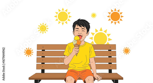 Joyful Summer Days: A Boy Relishing Ice Cream While Lounging on A Wood Bench