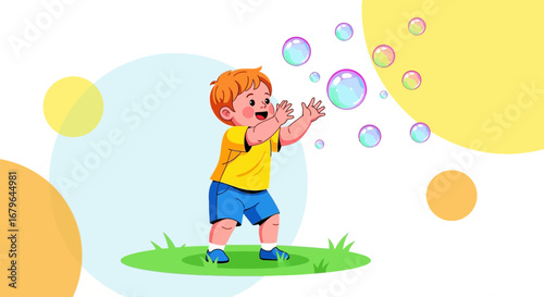Joyful Child Playing With Soap Bubble Floating During A Sunny Day, Happy Moment