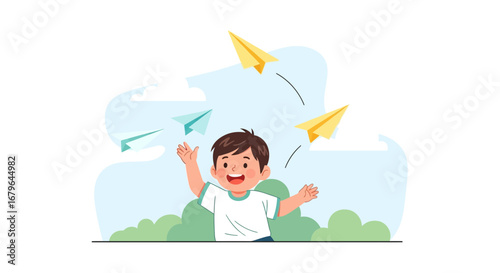 Joyful Child Playing with Paper Airplanes Under a Clear Blue Sky During Daytime