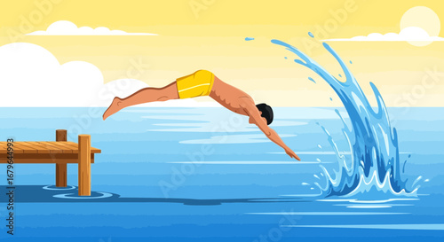 Joyful Summer Dive Into Water, Creating Splashes and Enjoying Leisure