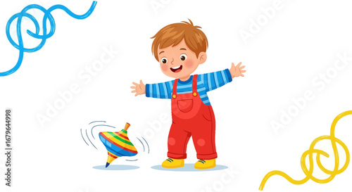 Joyful Child Playing With Spinning Top In The Air With Arms Wide Open And Smiling