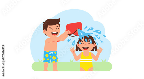 Joyful Summer Fun, Children Playing with Water and Buckets on a Sunny Day