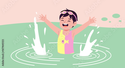Joyful Child Plays In Water, Splashing With Summer Excitement And Swimming Fun