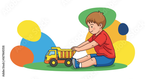 Joyful Child Playing With Toy Truck Against Colorful Abstract Background Illustration