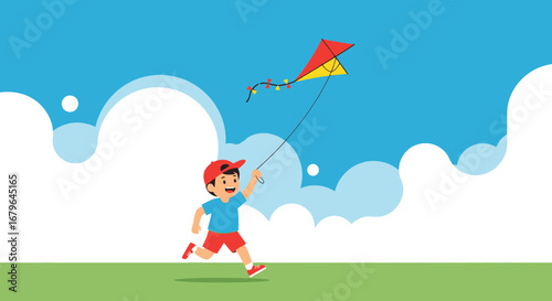 Joyful Child Plays With Colorful Kite Against a Blue Sky During a Sunny Day