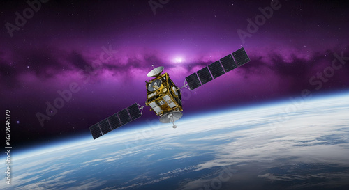 Communication satellite in orbit around Earth with vibrant nebula