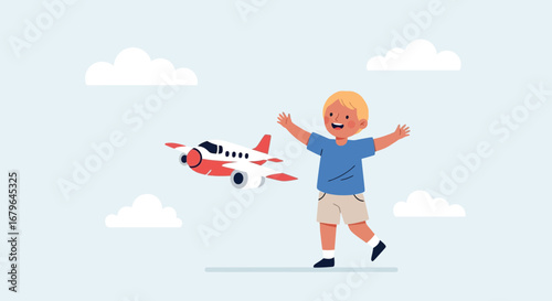 Joyful Child Relaxes And Appreciates Watching The Airplane Fly Through The Sky