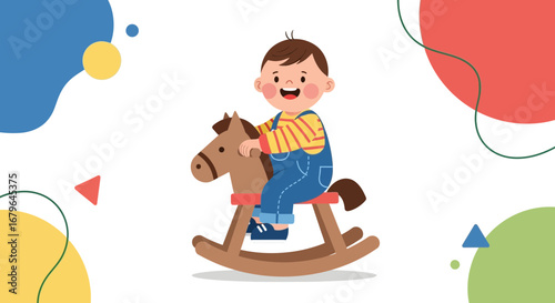 Joyful Child Riding Wooden Horse Toy, Colorful Background, Playful Illustration