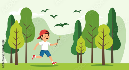 Joyful Child Running Among Trees and Birds, Enjoying a Sunny Day Outdoors