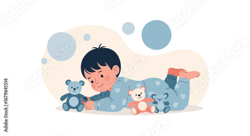 Joyful Toddler Playing With Teddy Bears In Adorable Pajamas And Peaceful Surroundings