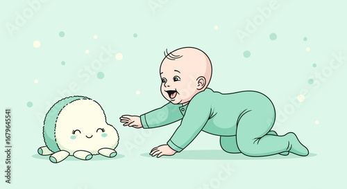 Joyful Toddler Reaching Out for Cute Plush Octopus, Tender Moments of Development