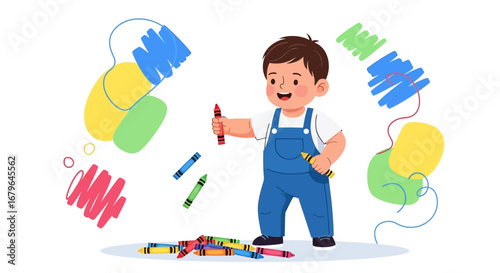 Joyful Toddler Using Crayons, Creating Playful Artwork, And Showing A Happy Smile