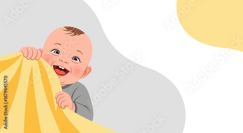 Joyful Toddler's Peekaboo Surprise Behind Yellow Cloth with Abstract Background of Forms