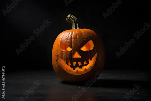 Pumpkin smiling evilly on Halloween on dark background