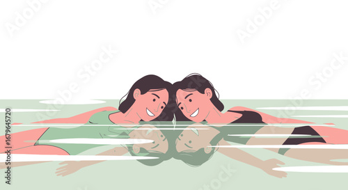 Joyful Women Enjoying A Relaxing Swim In Clear Waters And Smiling With Contentment