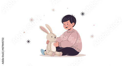 Joyful Child Snuggling a Plush Bunny In a Serene Winter Wonderland Setting