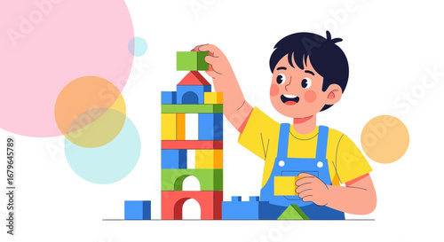 Joyful Young Boy Building Tower With Colorful Blocks, Illustrating Play, And Creativity